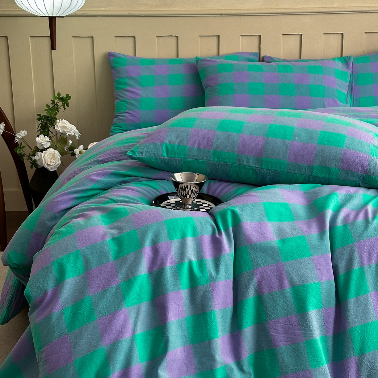 91家纺网 家纺一手货源 找家纺 蓝梦 2026新款全棉纯棉色织水洗棉简约四件套-大格 优雅兰