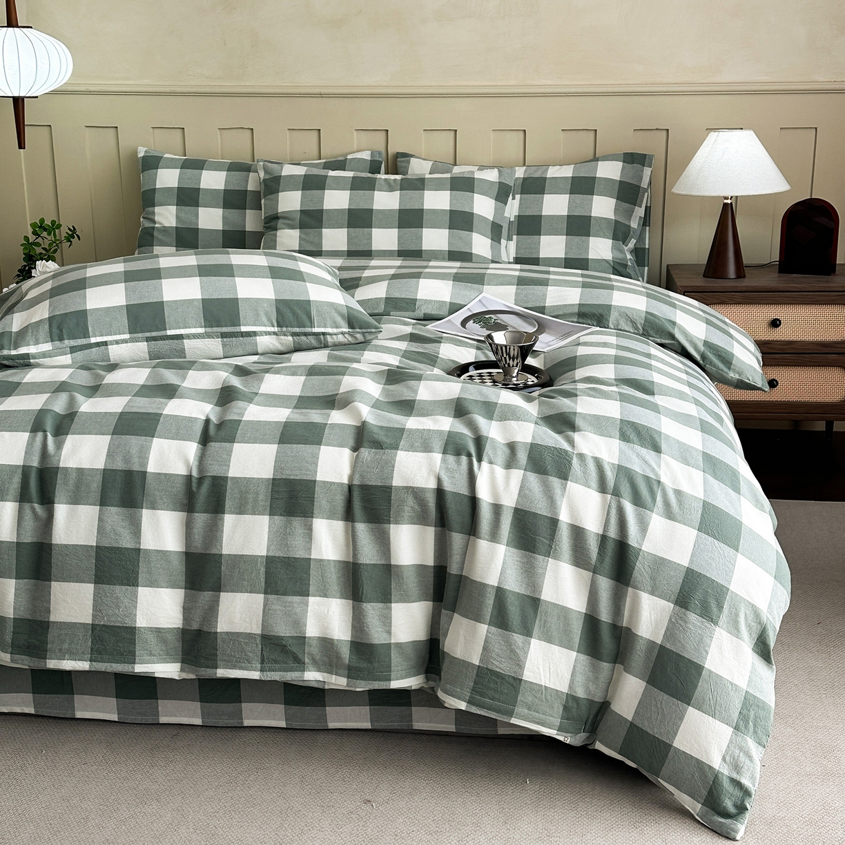 91家纺网 家纺一手货源 找家纺 蓝梦 2026新款全棉纯棉色织水洗棉简约四件套-大格 艾格绿