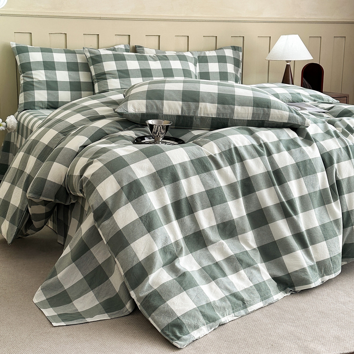 91家纺网 家纺一手货源 找家纺 蓝梦 2026新款全棉纯棉色织水洗棉简约四件套-大格 艾格绿