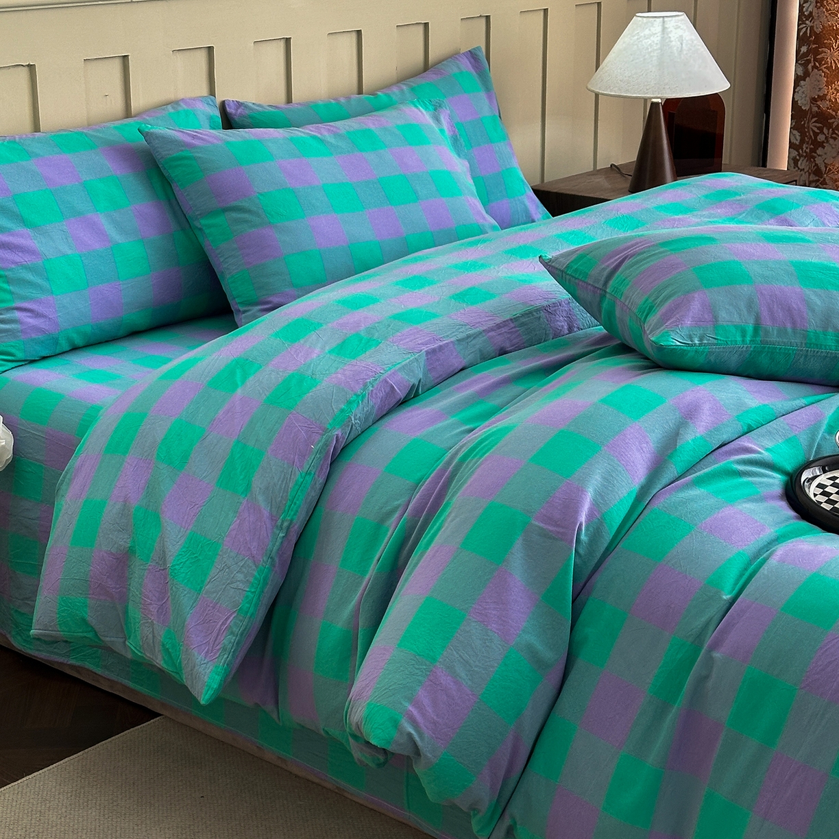 91家纺网 家纺一手货源 找家纺 蓝梦 2026新款全棉纯棉色织水洗棉简约四件套-大格 优雅兰