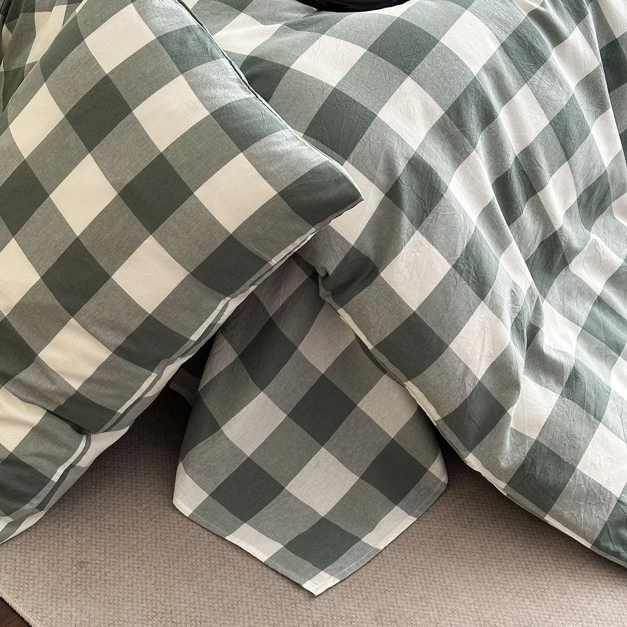 91家纺网 家纺一手货源 找家纺 蓝梦 2026新款全棉纯棉色织水洗棉简约四件套-大格 艾格绿