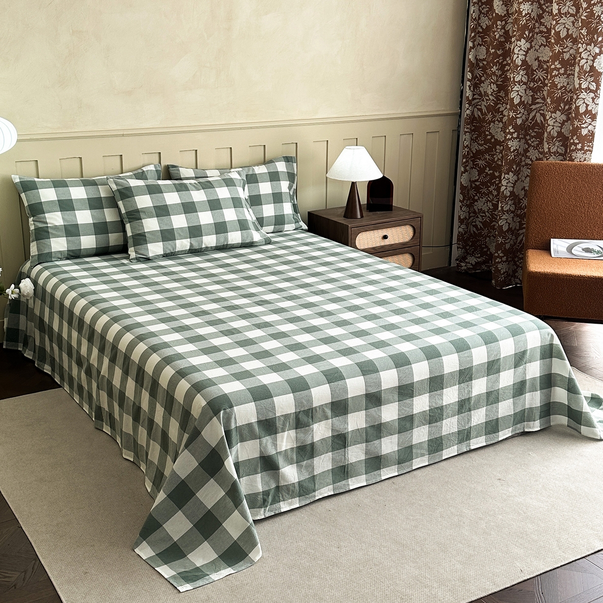 91家纺网 家纺一手货源 找家纺 蓝梦 2026新款全棉纯棉色织水洗棉简约四件套-大格 艾格绿