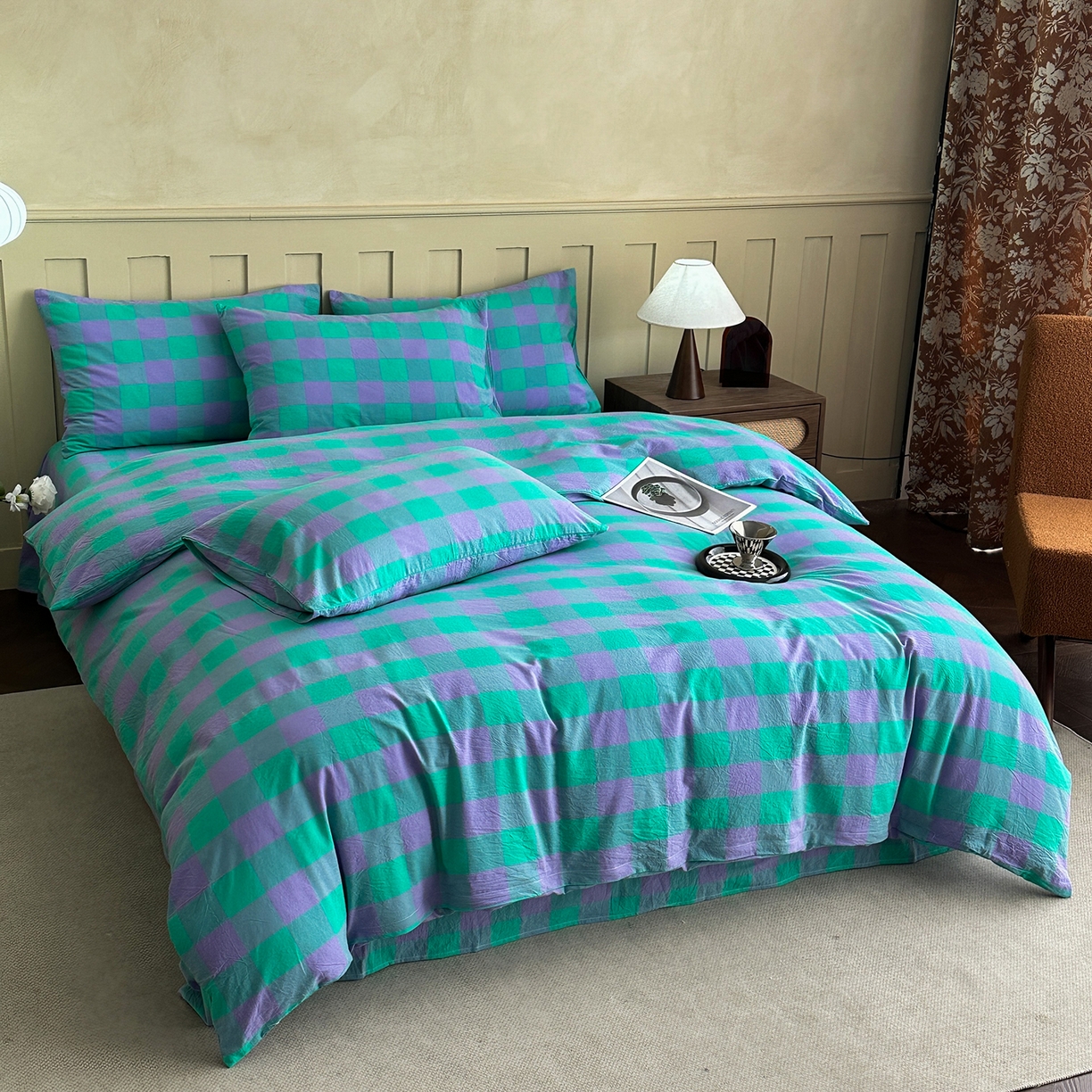 91家纺网 家纺一手货源 找家纺 蓝梦 2026新款全棉纯棉色织水洗棉简约四件套-大格 优雅兰