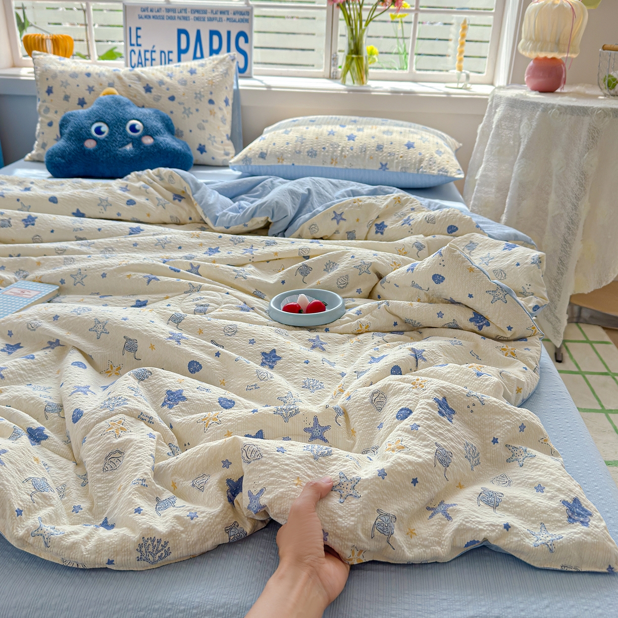 玉海棠家纺 2026新款云感泡芙棉夏被空调被夏凉被四件套 蓝海星