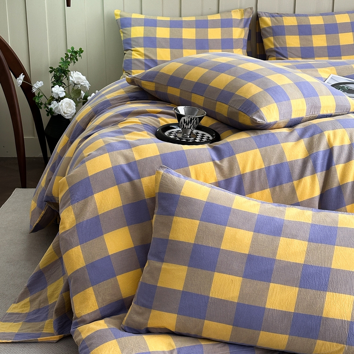 91家纺网 家纺一手货源 找家纺 蓝梦 2026新款全棉纯棉色织水洗棉简约四件套-大格 鹅黄