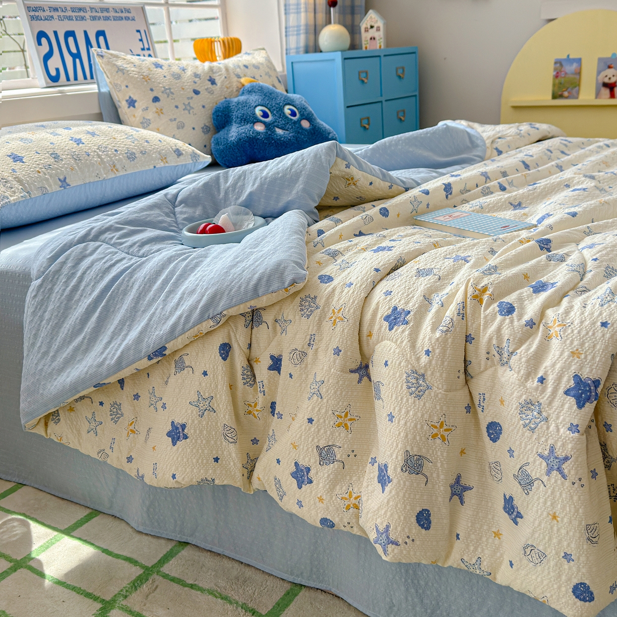 91家纺网 家纺一手货源 找家纺 玉海棠家纺 2026新款云感泡芙棉夏被空调被夏凉被四件套 蓝海星