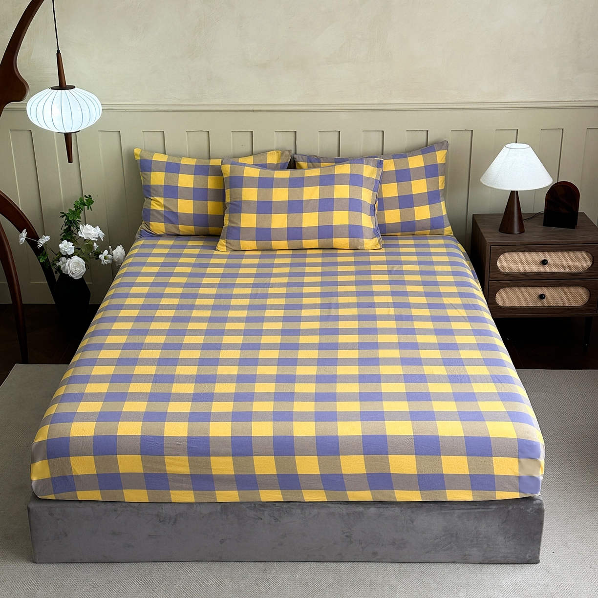 91家纺网 家纺一手货源 找家纺 蓝梦 2026新款全棉纯棉色织水洗棉简约四件套-大格 鹅黄