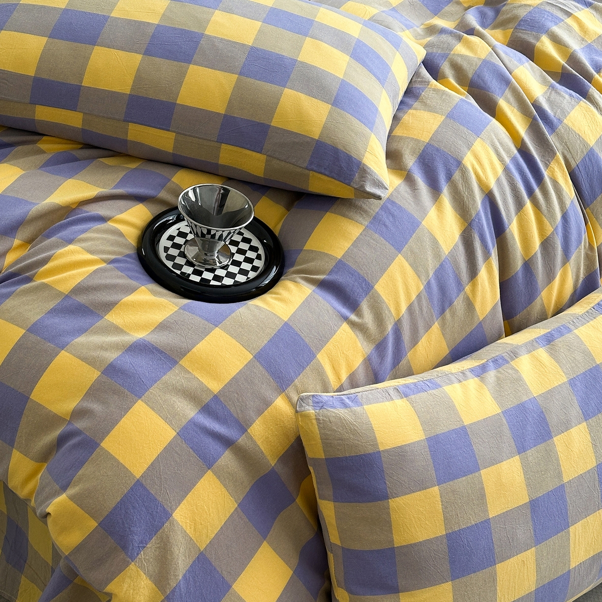 91家纺网 家纺一手货源 找家纺 蓝梦 2026新款全棉纯棉色织水洗棉简约四件套-大格 鹅黄