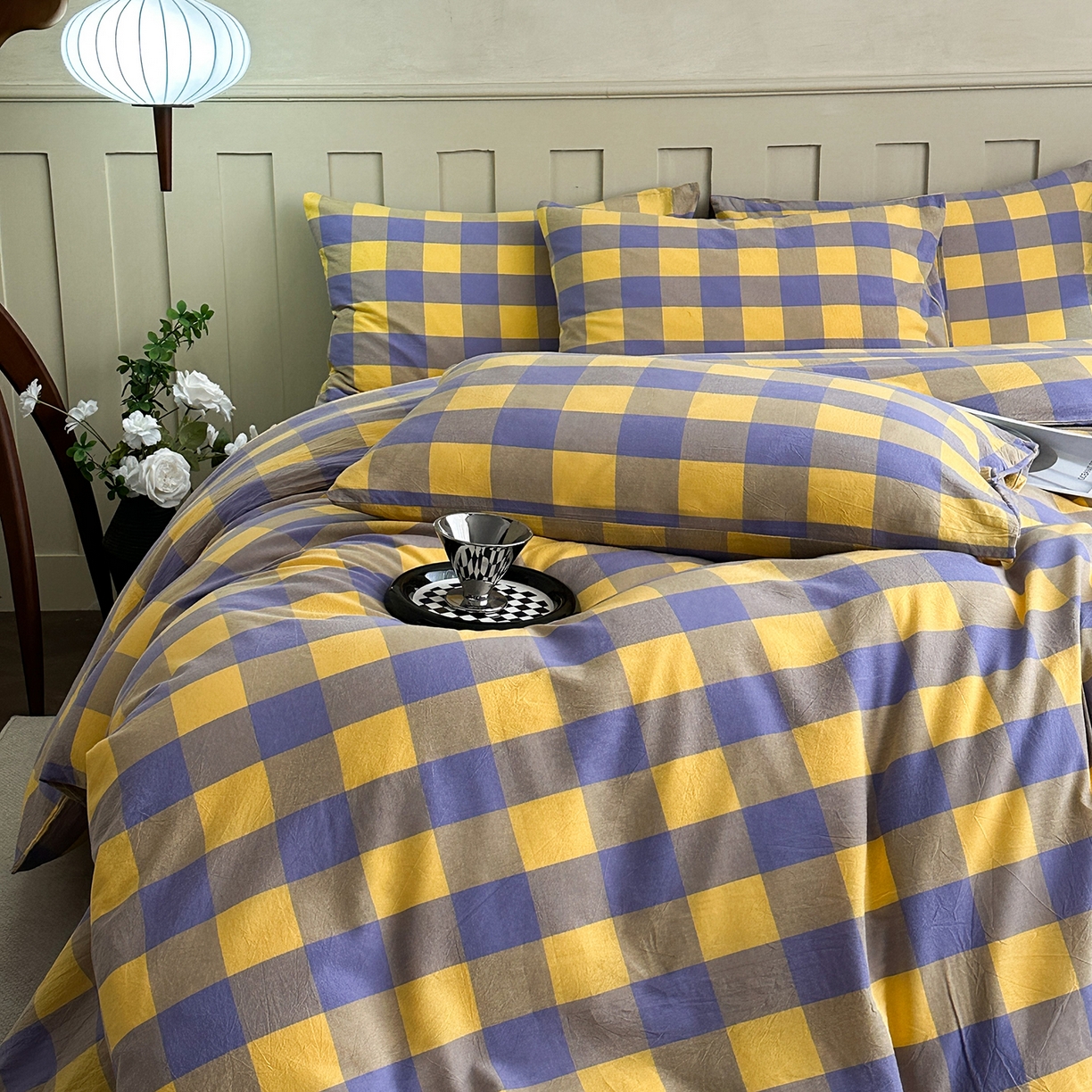 91家纺网 家纺一手货源 找家纺 蓝梦 2026新款全棉纯棉色织水洗棉简约四件套-大格 鹅黄