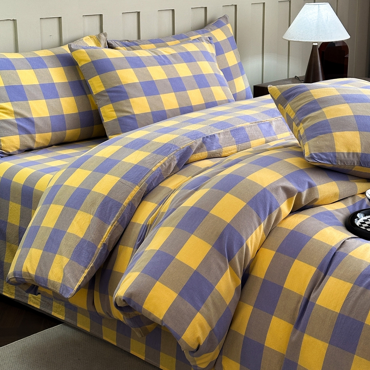 91家纺网 家纺一手货源 找家纺 蓝梦 2026新款全棉纯棉色织水洗棉简约四件套-大格 鹅黄