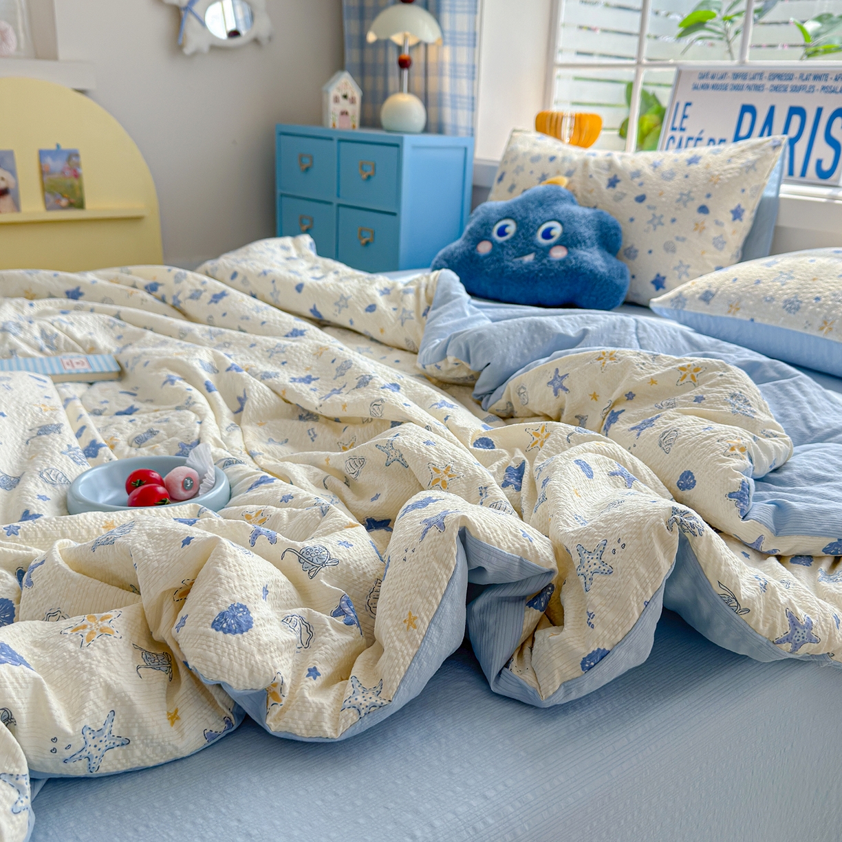 91家纺网 家纺一手货源 找家纺 玉海棠家纺 2026新款云感泡芙棉夏被空调被夏凉被四件套 蓝海星