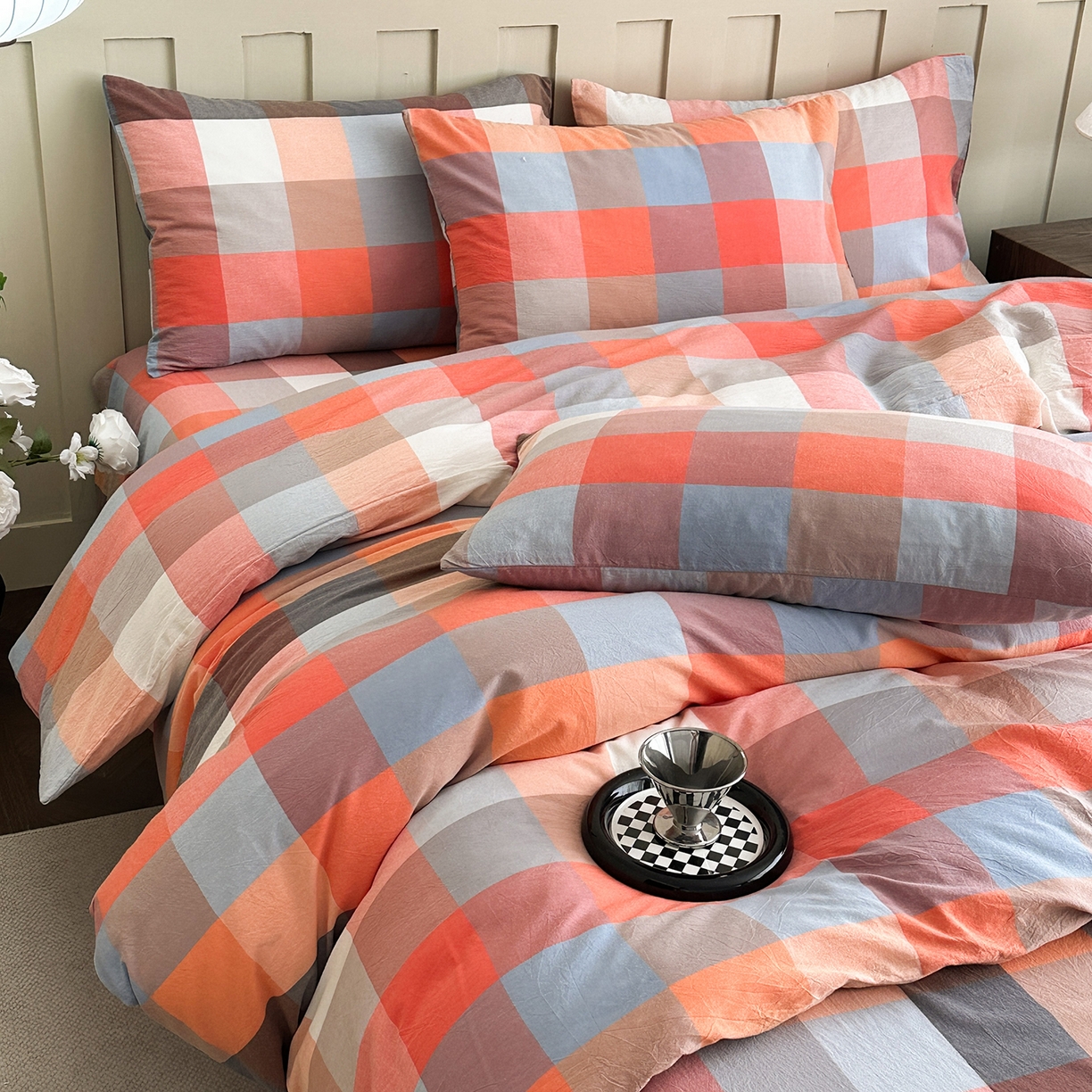 91家纺网 家纺一手货源 找家纺 蓝梦 2026新款全棉纯棉色织水洗棉简约四件套-大格 蓝粉格