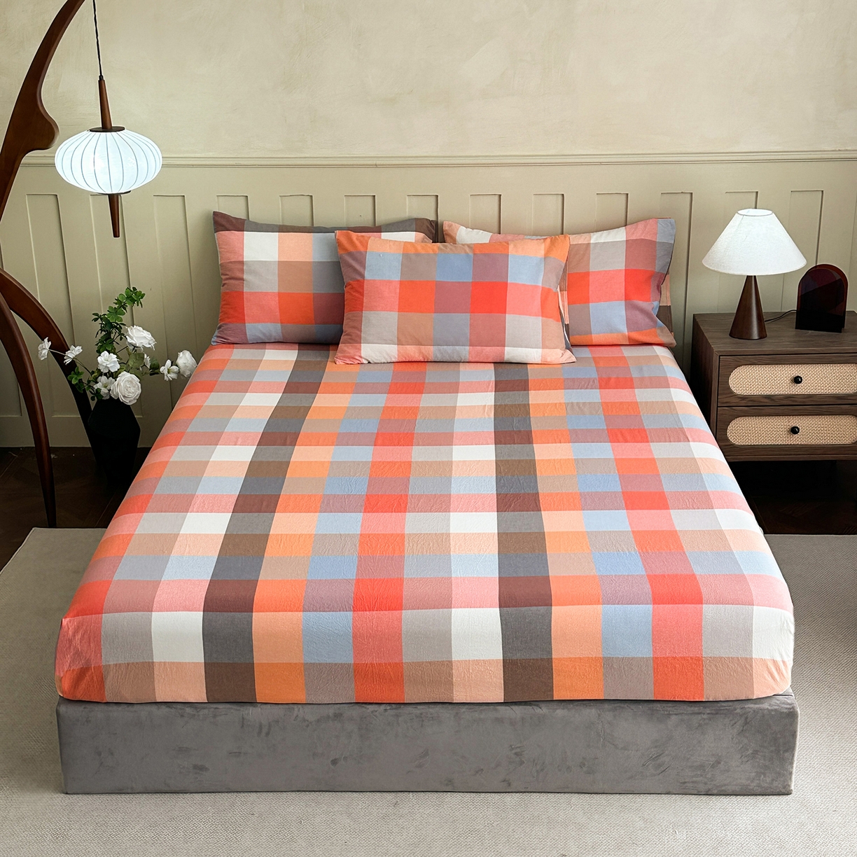 91家纺网 家纺一手货源 找家纺 蓝梦 2026新款全棉纯棉色织水洗棉简约四件套-大格 蓝粉格