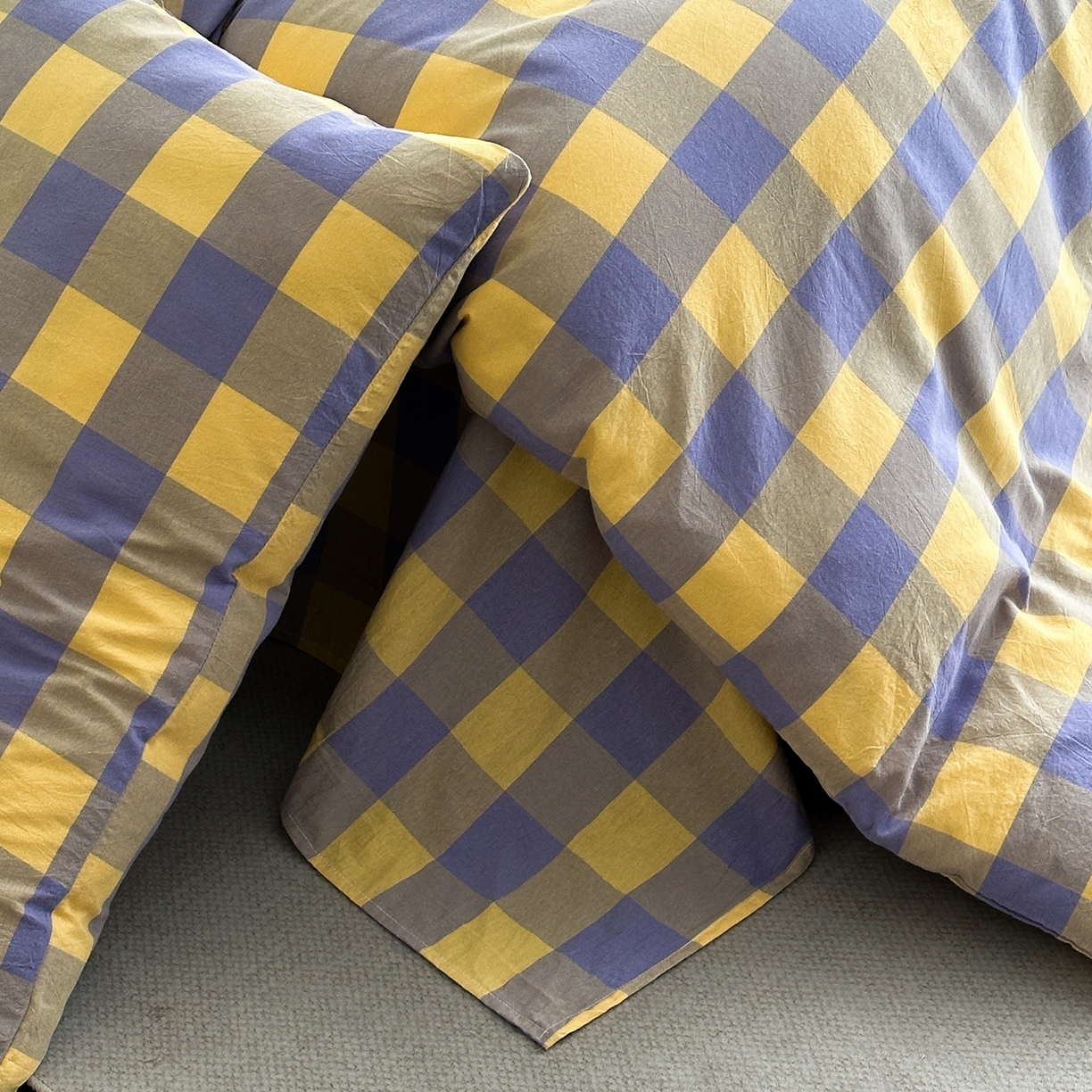 91家纺网 家纺一手货源 找家纺 蓝梦 2026新款全棉纯棉色织水洗棉简约四件套-大格 鹅黄