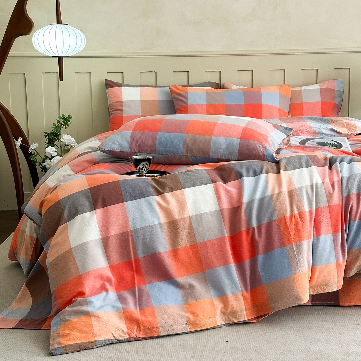 91家纺网 家纺一手货源 找家纺 蓝梦 2026新款全棉纯棉色织水洗棉简约四件套-大格 蓝粉格