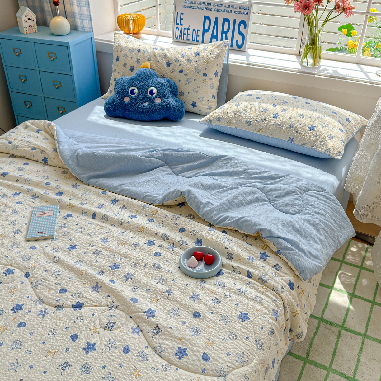 91家纺网 家纺一手货源 找家纺 玉海棠家纺 2026新款云感泡芙棉夏被空调被夏凉被四件套 蓝海星