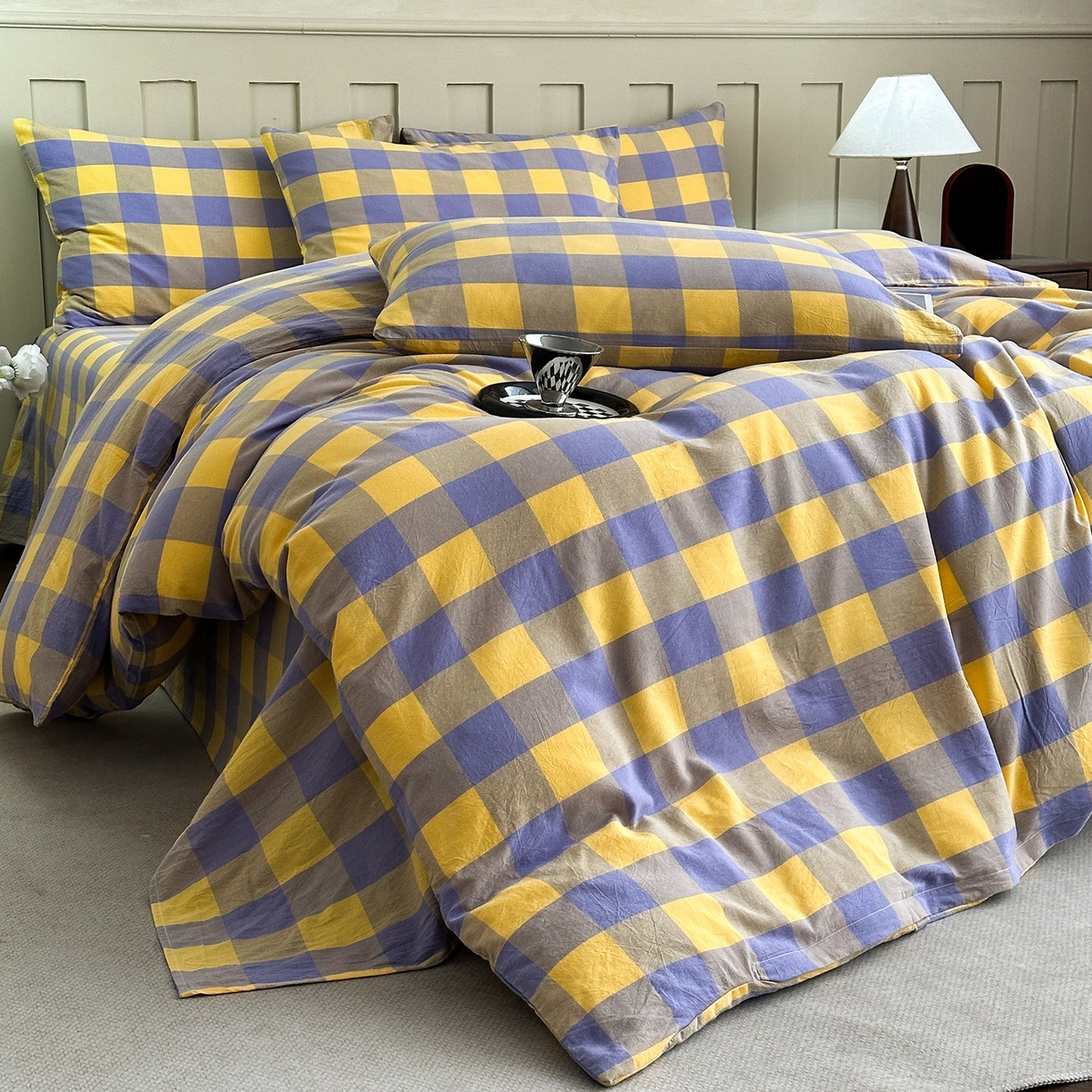 91家纺网 家纺一手货源 找家纺 蓝梦 2026新款全棉纯棉色织水洗棉简约四件套-大格 鹅黄