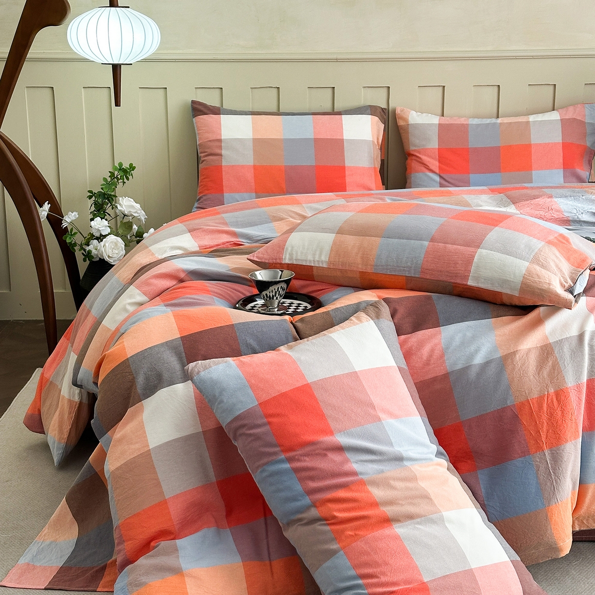 91家纺网 家纺一手货源 找家纺 蓝梦 2026新款全棉纯棉色织水洗棉简约四件套-大格 蓝粉格