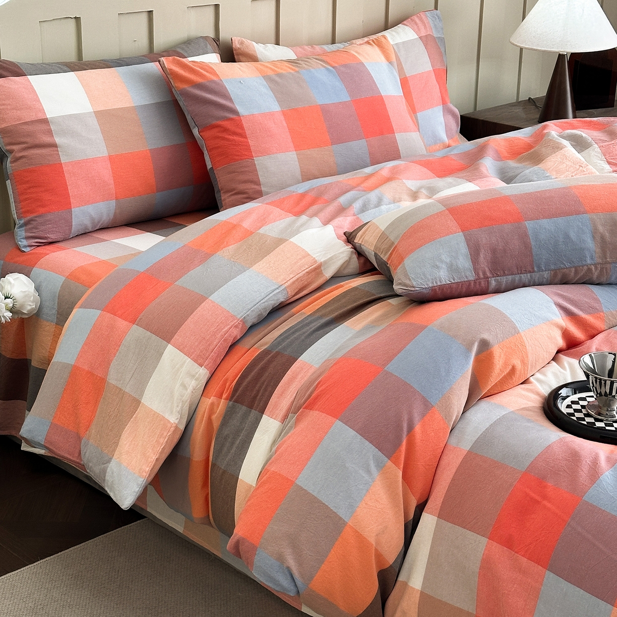 91家纺网 家纺一手货源 找家纺 蓝梦 2026新款全棉纯棉色织水洗棉简约四件套-大格 蓝粉格