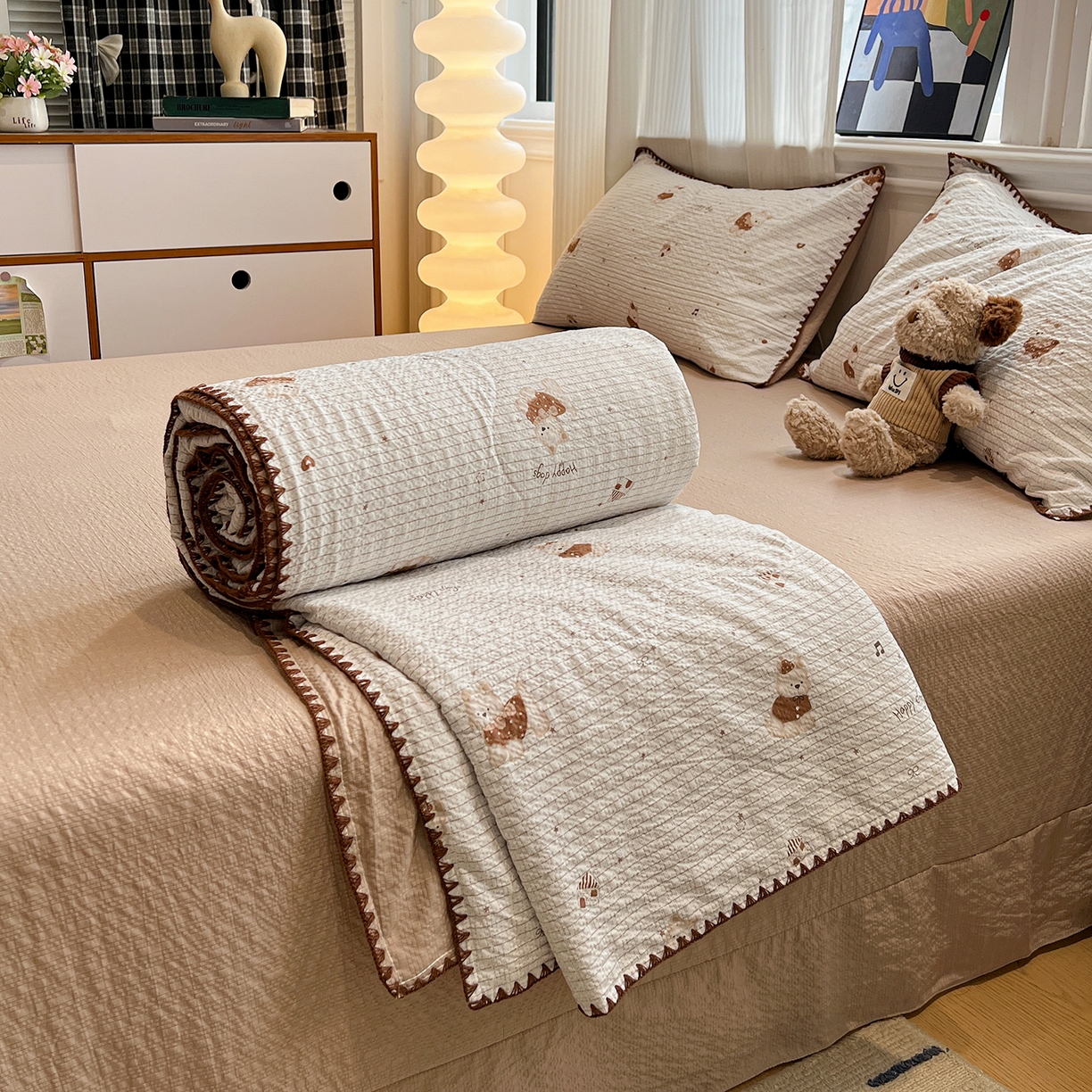 仟网汇 2026新款三角针贝壳边泡芙纱夏被四件套 三角针夏被-欢乐修狗