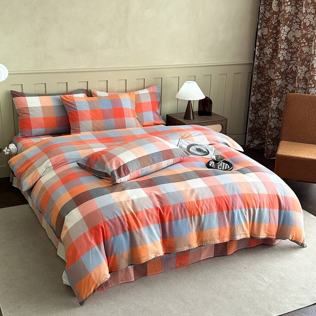 91家纺网 家纺一手货源 找家纺 蓝梦 2026新款全棉纯棉色织水洗棉简约四件套-大格 蓝粉格