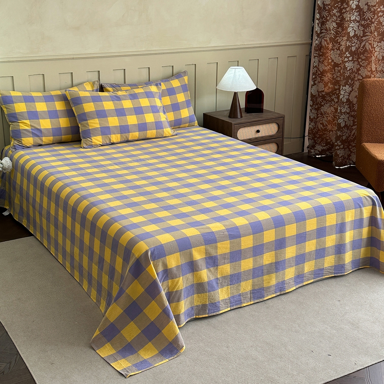 91家纺网 家纺一手货源 找家纺 蓝梦 2026新款全棉纯棉色织水洗棉简约四件套-大格 鹅黄