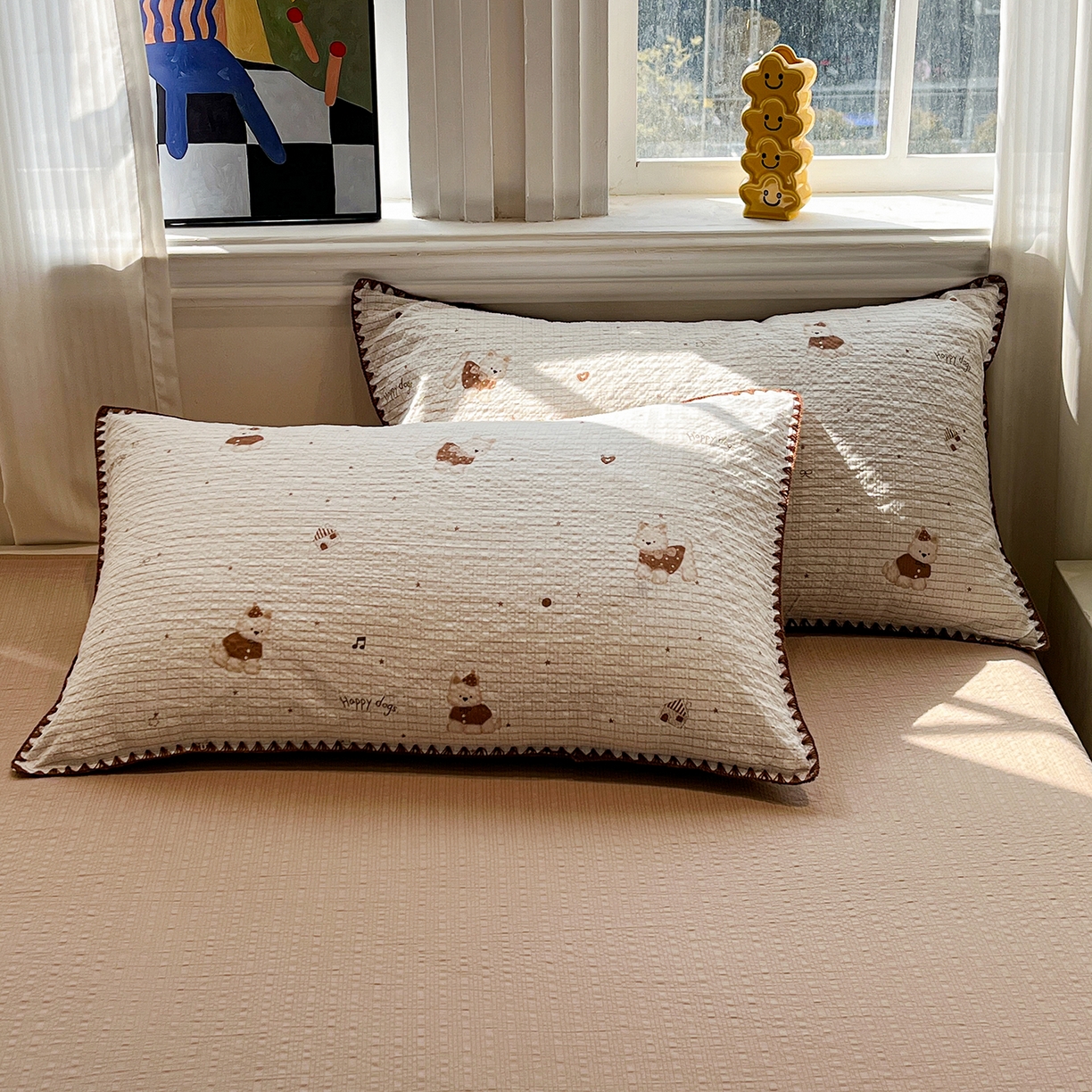 91家纺网 家纺一手货源 找家纺 仟网汇 2026新款三角针贝壳边泡芙纱夏被四件套 三角针夏被-欢乐修狗