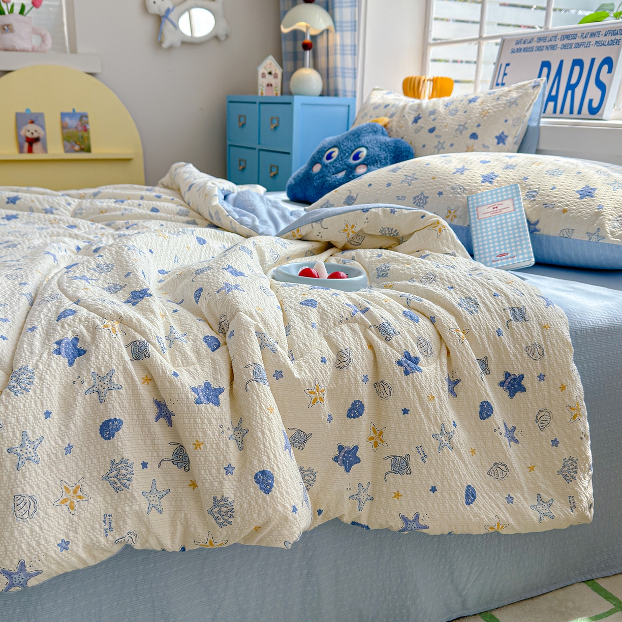 91家纺网 家纺一手货源 找家纺 玉海棠家纺 2026新款云感泡芙棉夏被空调被夏凉被四件套 蓝海星