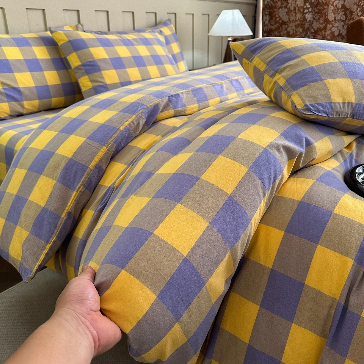 91家纺网 家纺一手货源 找家纺 蓝梦 2026新款全棉纯棉色织水洗棉简约四件套-大格 鹅黄