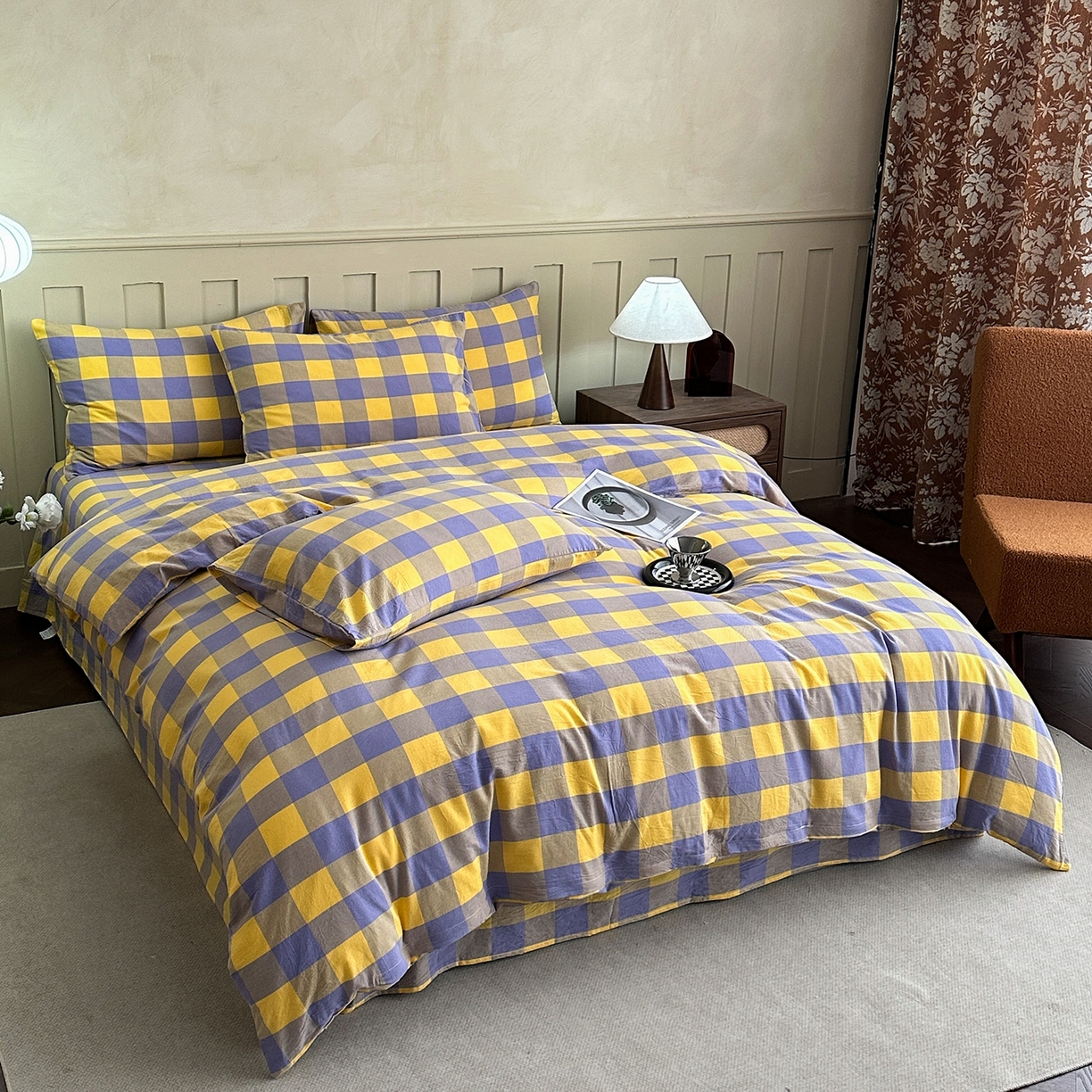 91家纺网 家纺一手货源 找家纺 蓝梦 2026新款全棉纯棉色织水洗棉简约四件套-大格 鹅黄