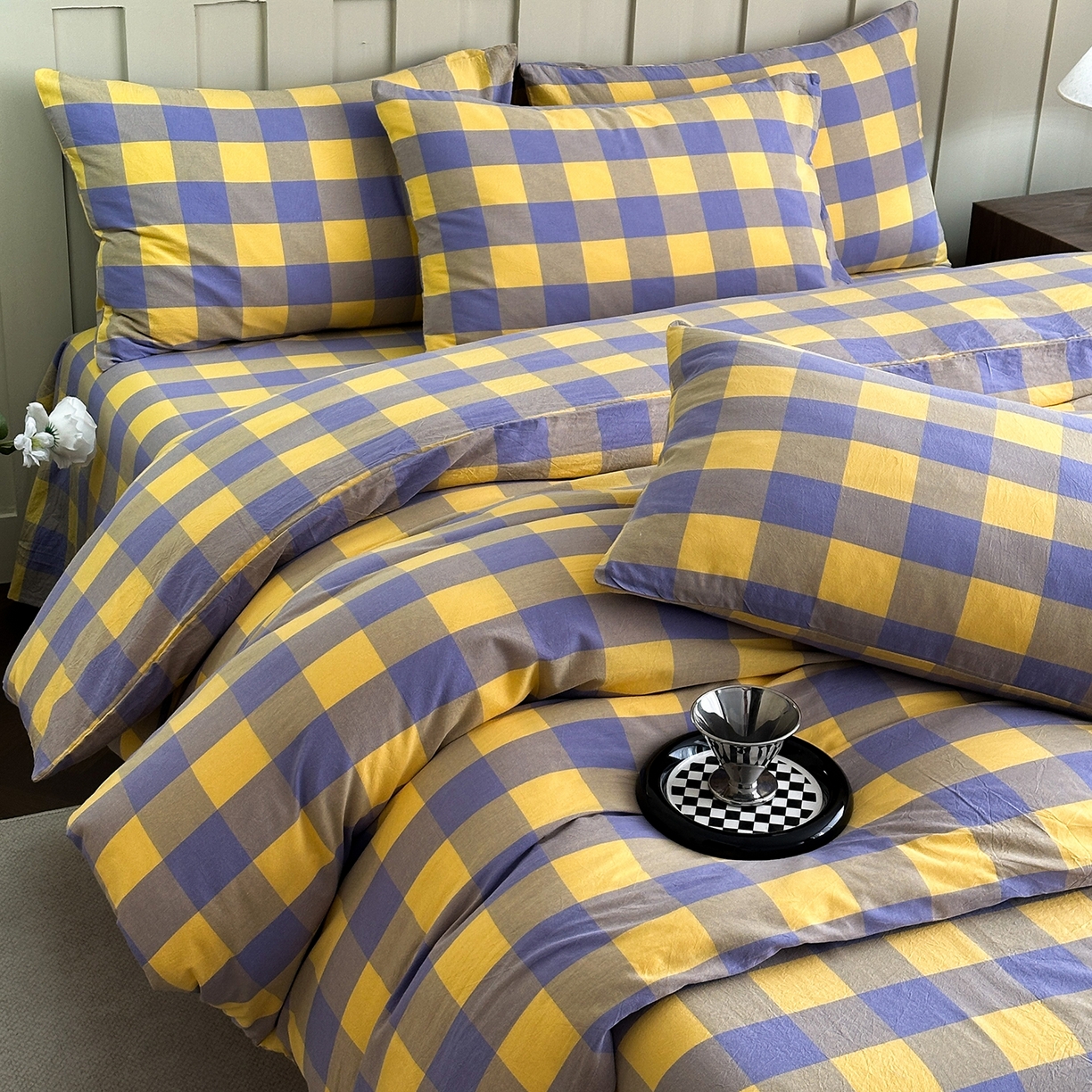 91家纺网 家纺一手货源 找家纺 蓝梦 2026新款全棉纯棉色织水洗棉简约四件套-大格 鹅黄