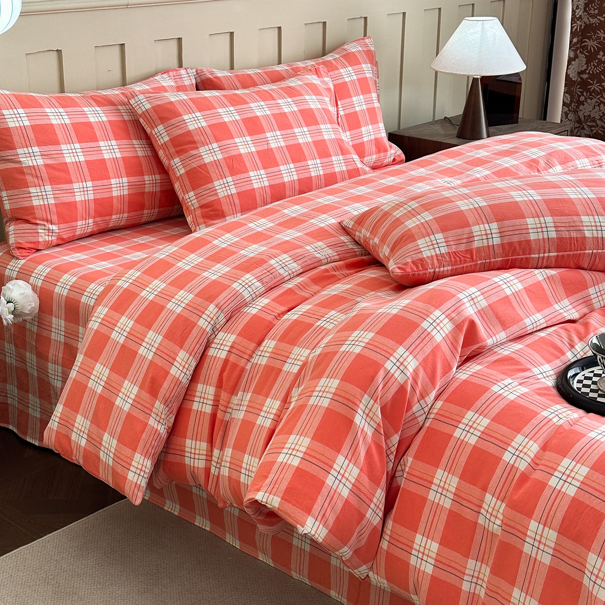 91家纺网 家纺一手货源 找家纺 蓝梦 2026新款全棉纯棉色织水洗棉简约四件套-大格 桃粉