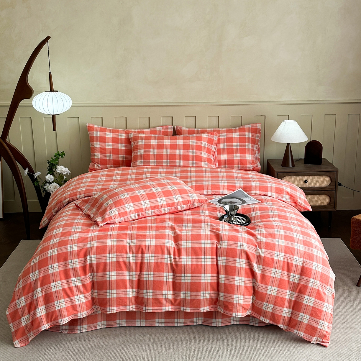 91家纺网 家纺一手货源 找家纺 蓝梦 2026新款全棉纯棉色织水洗棉简约四件套-大格 桃粉