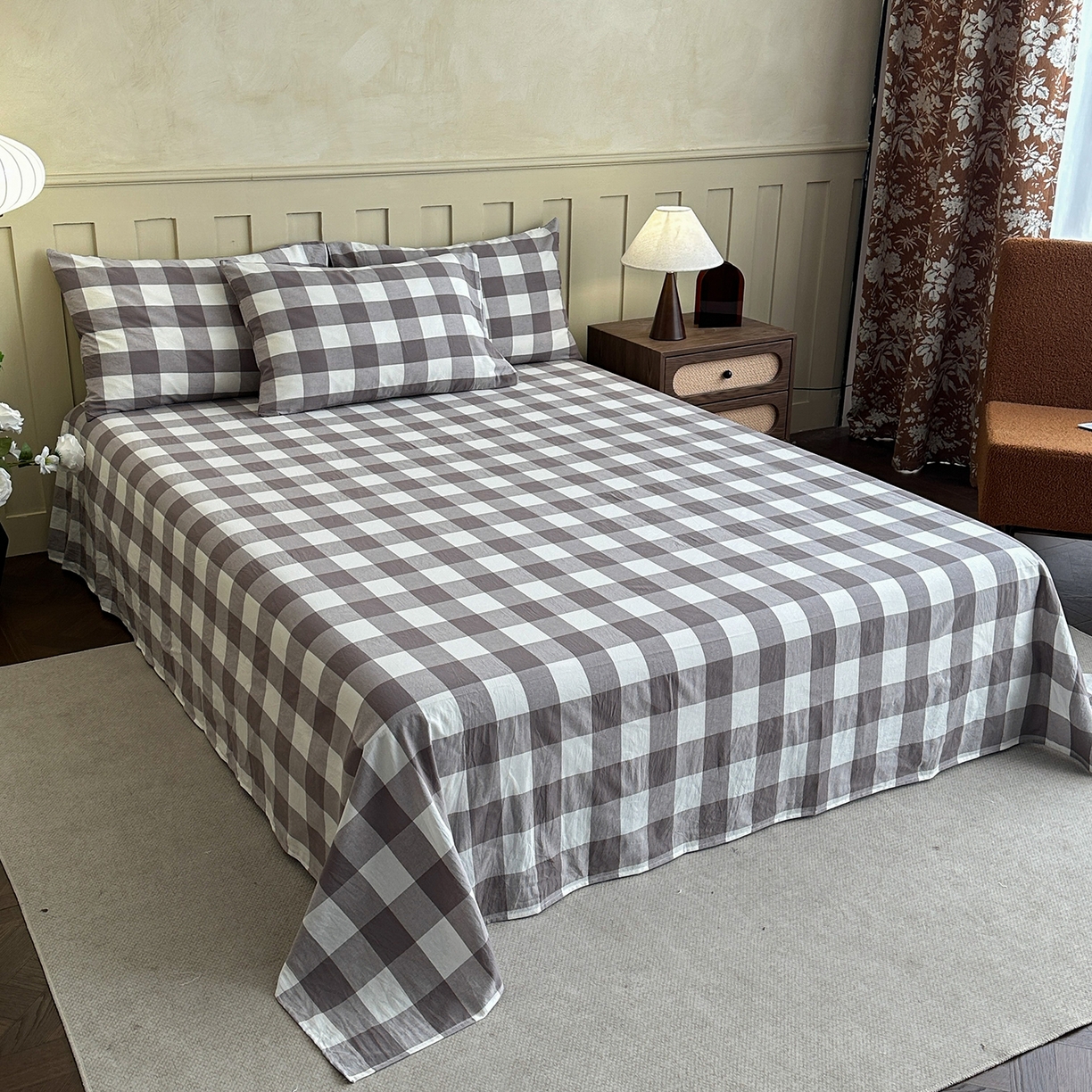 91家纺网 家纺一手货源 找家纺 蓝梦 2026新款全棉纯棉色织水洗棉简约四件套-大格 可可灰