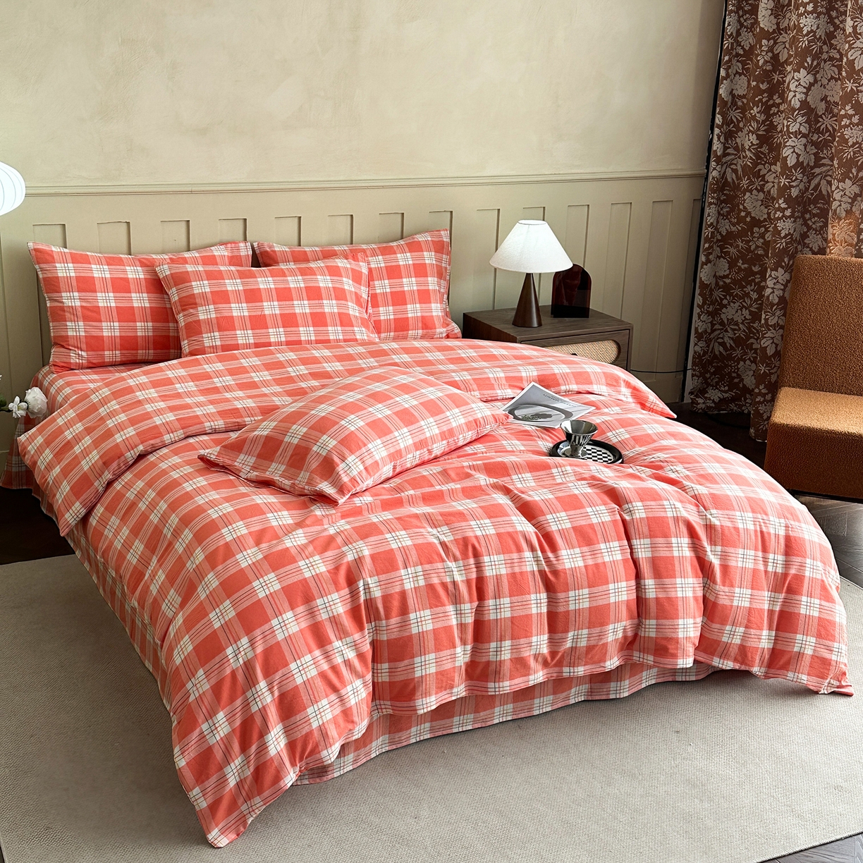 91家纺网 家纺一手货源 找家纺 蓝梦 2026新款全棉纯棉色织水洗棉简约四件套-大格 桃粉