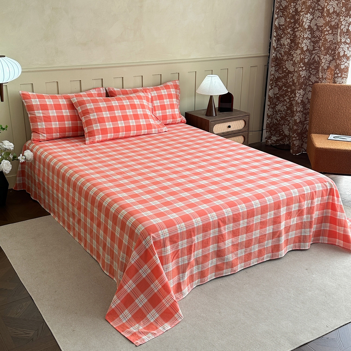 91家纺网 家纺一手货源 找家纺 蓝梦 2026新款全棉纯棉色织水洗棉简约四件套-大格 桃粉