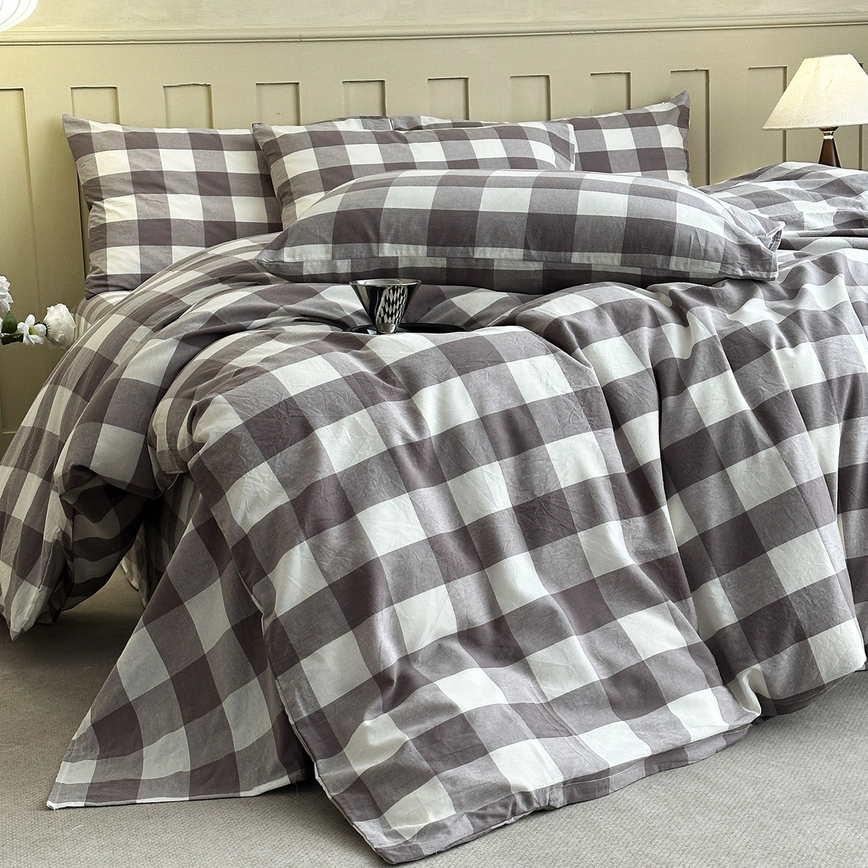 91家纺网 家纺一手货源 找家纺 蓝梦 2026新款全棉纯棉色织水洗棉简约四件套-大格 可可灰