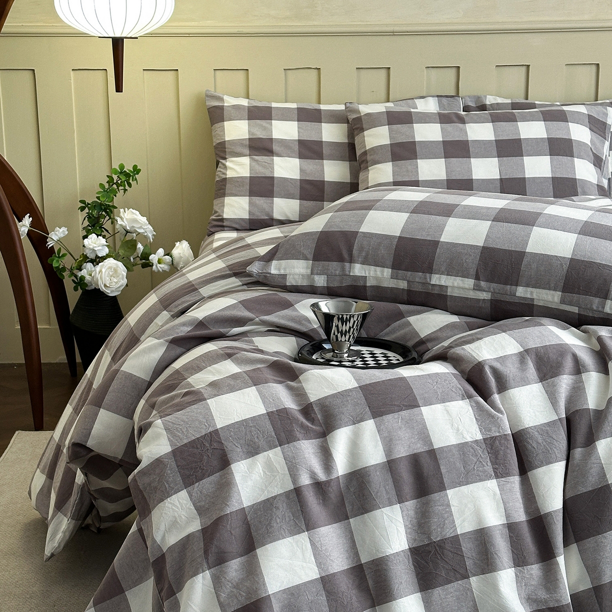 91家纺网 家纺一手货源 找家纺 蓝梦 2026新款全棉纯棉色织水洗棉简约四件套-大格 可可灰