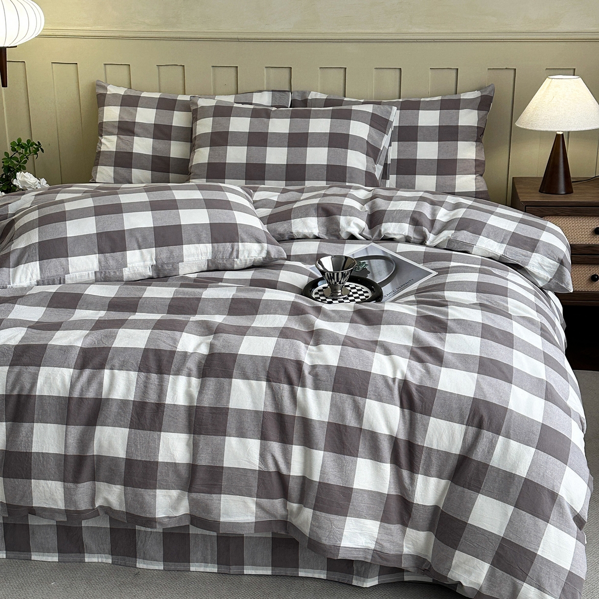 91家纺网 家纺一手货源 找家纺 蓝梦 2026新款全棉纯棉色织水洗棉简约四件套-大格 可可灰