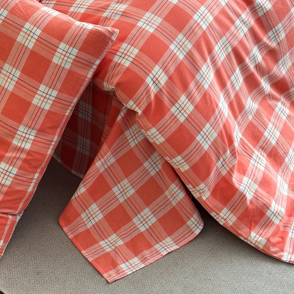 91家纺网 家纺一手货源 找家纺 蓝梦 2026新款全棉纯棉色织水洗棉简约四件套-大格 桃粉