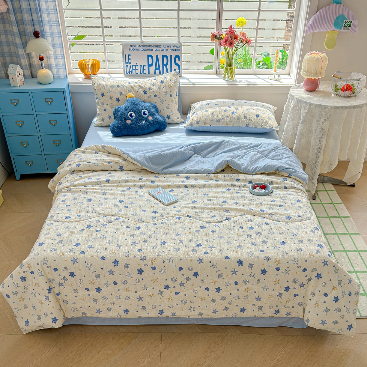 91家纺网 家纺一手货源 找家纺 玉海棠家纺 2026新款云感泡芙棉夏被空调被夏凉被四件套 蓝海星