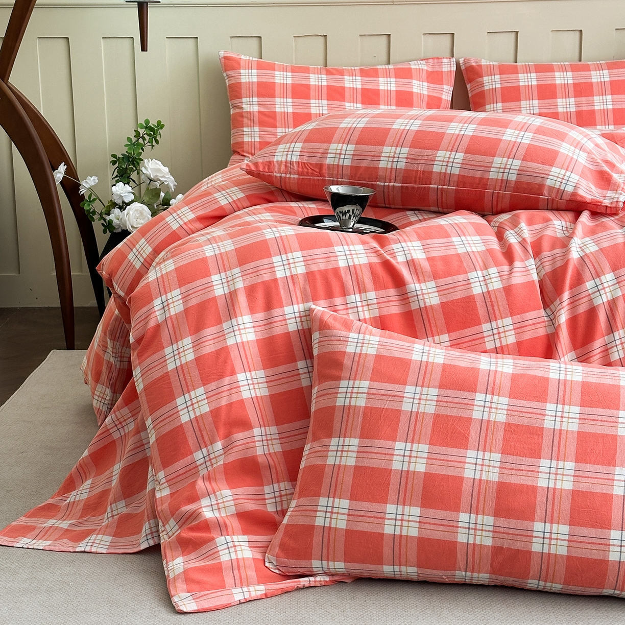 91家纺网 家纺一手货源 找家纺 蓝梦 2026新款全棉纯棉色织水洗棉简约四件套-大格 桃粉