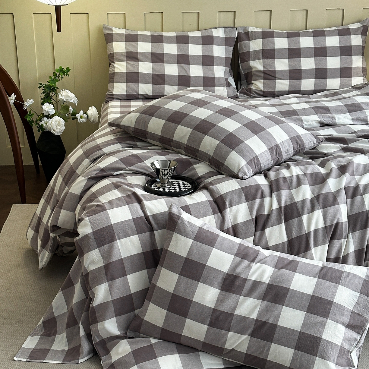 91家纺网 家纺一手货源 找家纺 蓝梦 2026新款全棉纯棉色织水洗棉简约四件套-大格 可可灰