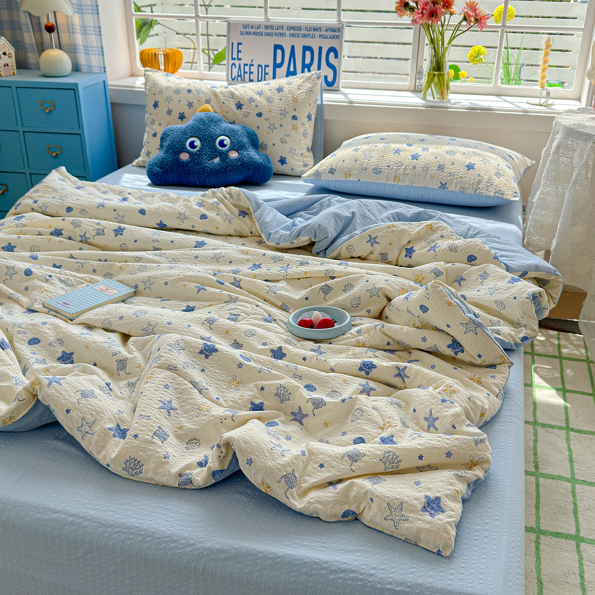 91家纺网 家纺一手货源 找家纺 玉海棠家纺 2026新款云感泡芙棉夏被空调被夏凉被四件套 蓝海星