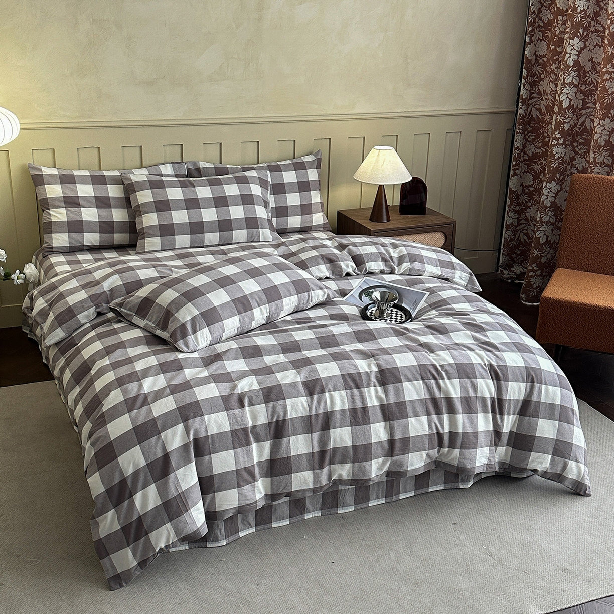 91家纺网 家纺一手货源 找家纺 蓝梦 2026新款全棉纯棉色织水洗棉简约四件套-大格 可可灰