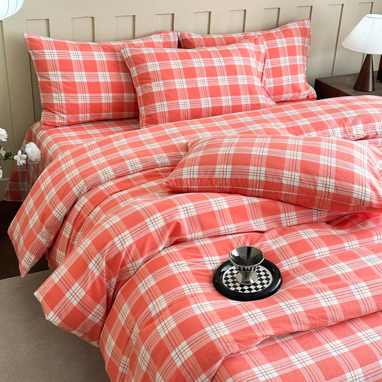 91家纺网 家纺一手货源 找家纺 蓝梦 2026新款全棉纯棉色织水洗棉简约四件套-大格 桃粉