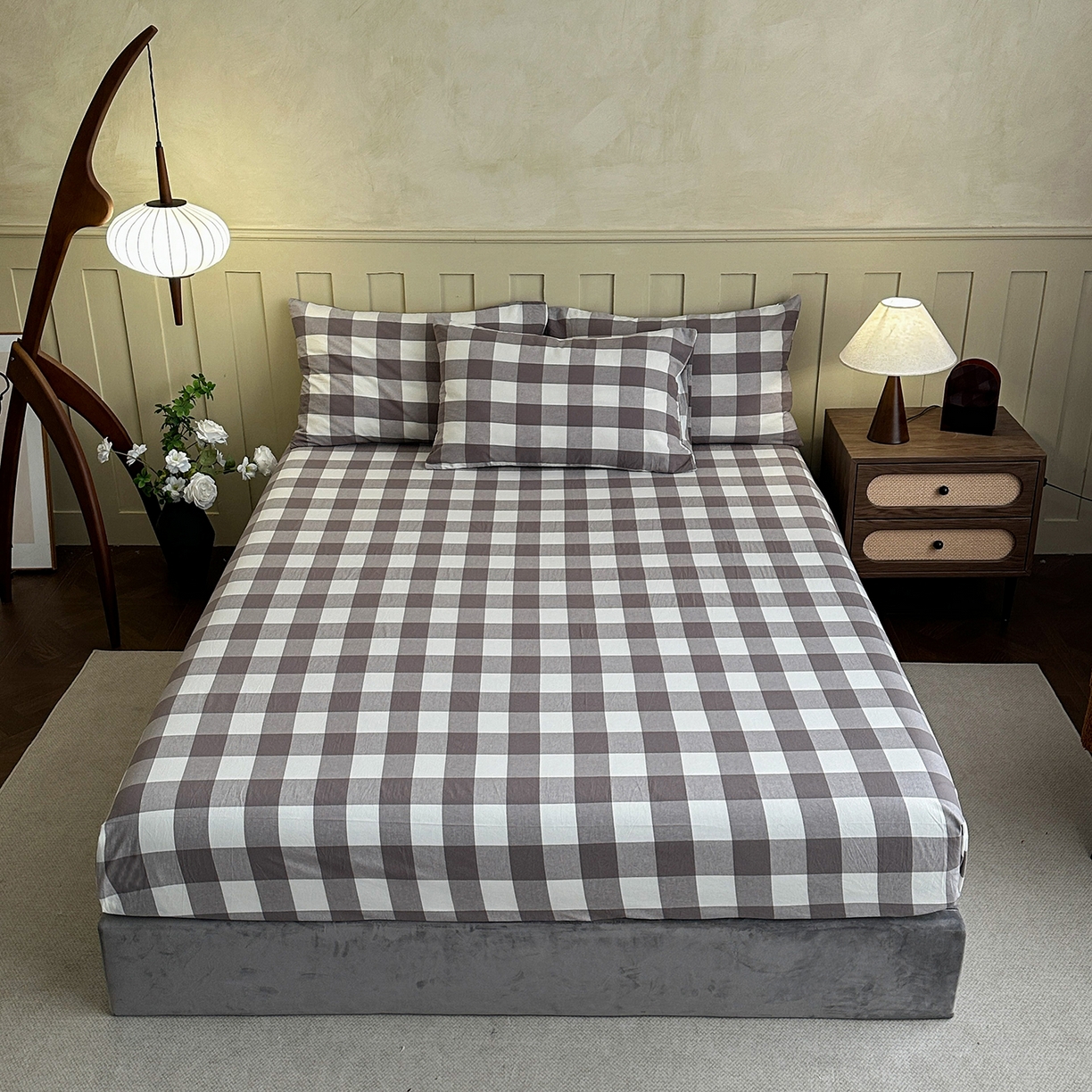 91家纺网 家纺一手货源 找家纺 蓝梦 2026新款全棉纯棉色织水洗棉简约四件套-大格 可可灰