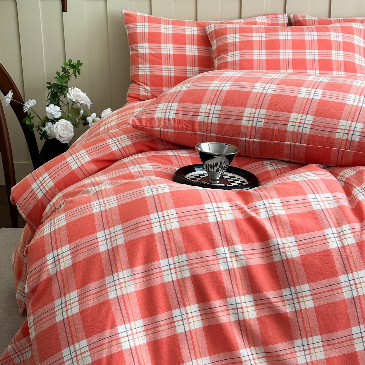 91家纺网 家纺一手货源 找家纺 蓝梦 2026新款全棉纯棉色织水洗棉简约四件套-大格 桃粉