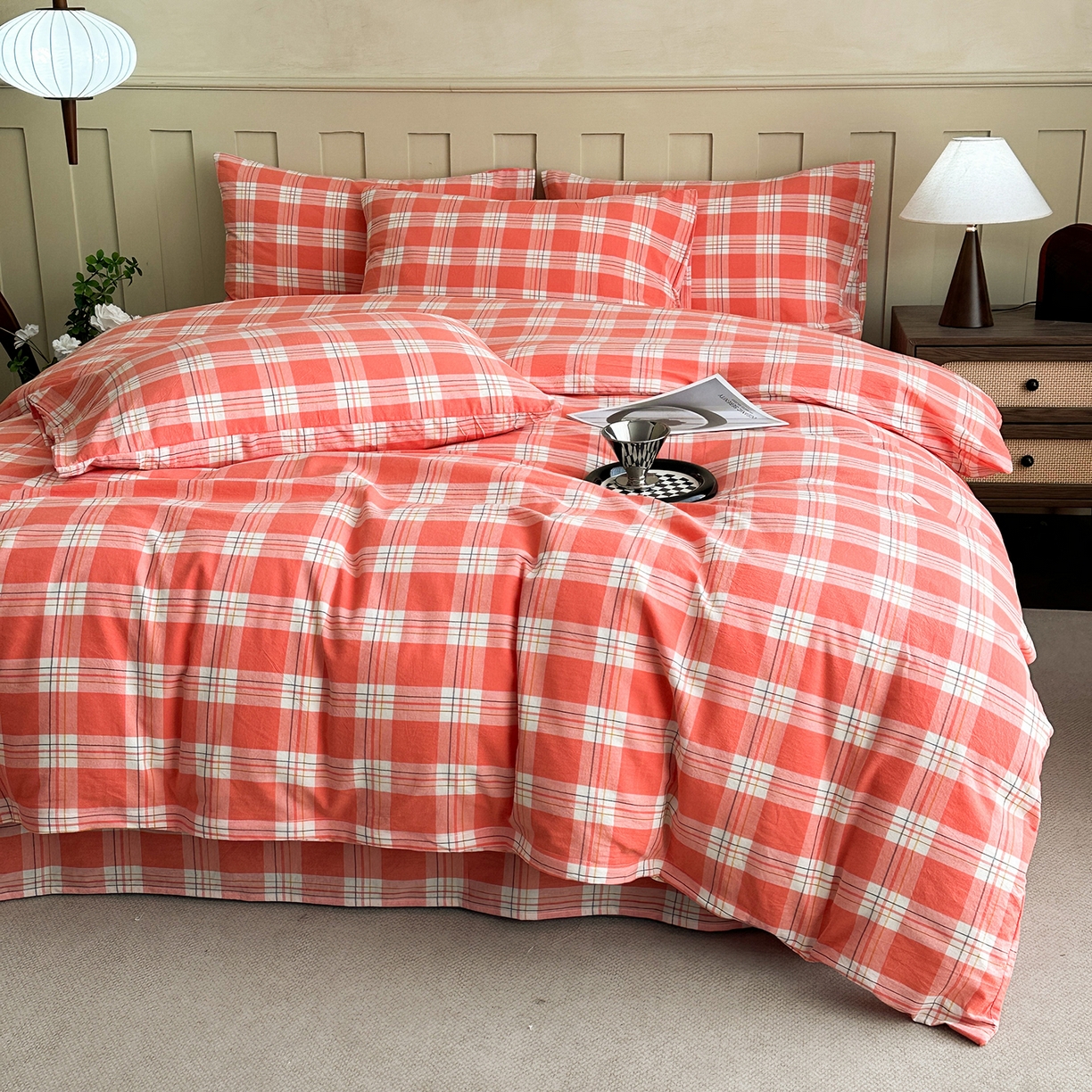 91家纺网 家纺一手货源 找家纺 蓝梦 2026新款全棉纯棉色织水洗棉简约四件套-大格 桃粉