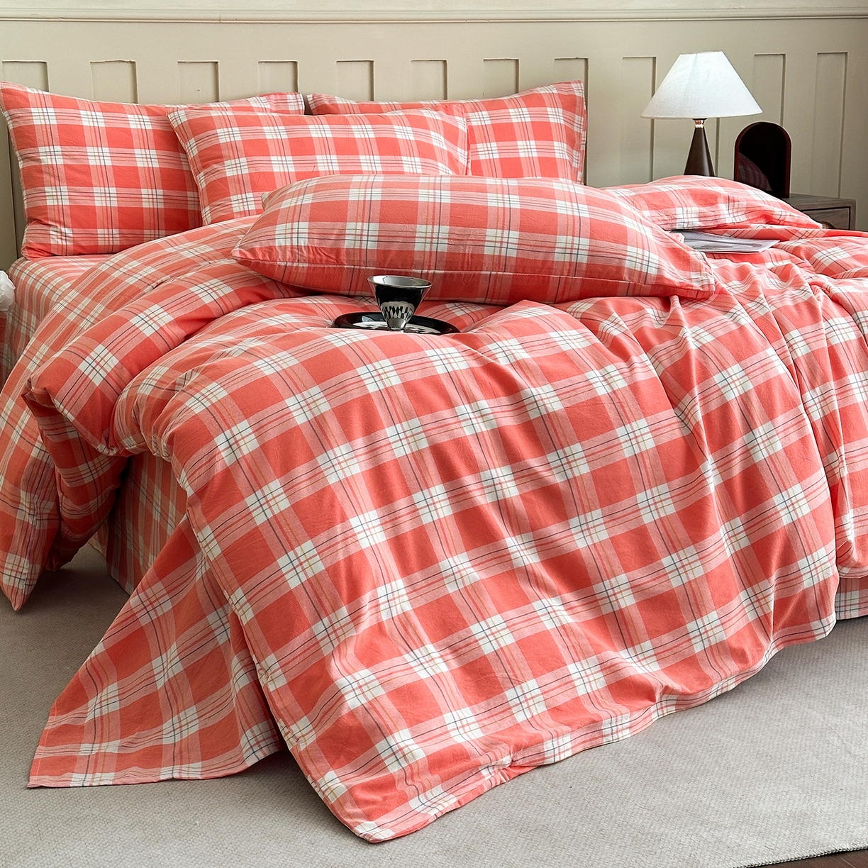 91家纺网 家纺一手货源 找家纺 蓝梦 2026新款全棉纯棉色织水洗棉简约四件套-大格 桃粉